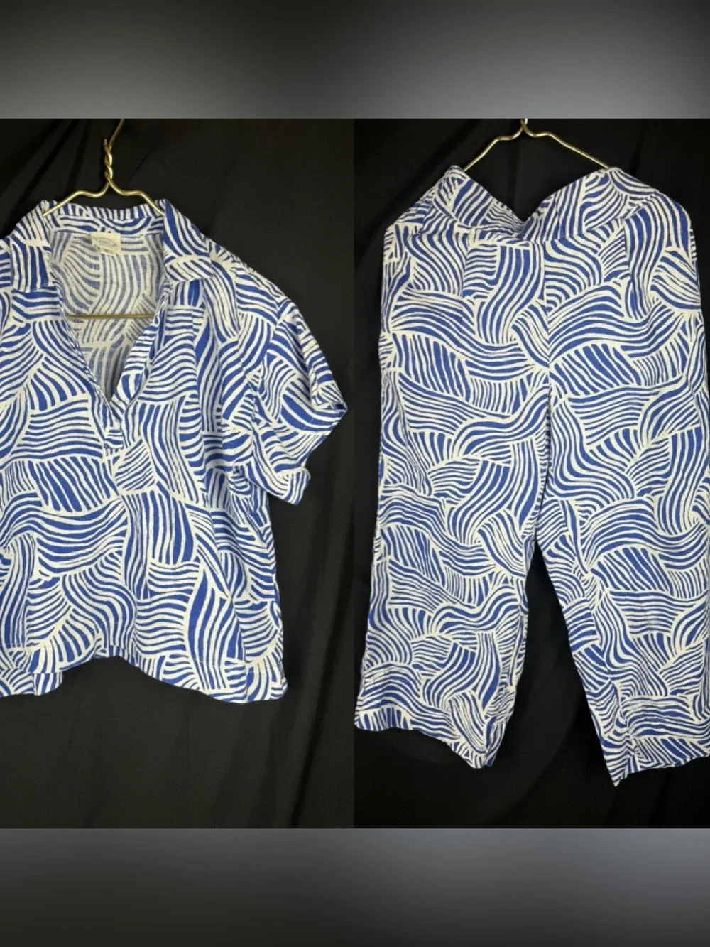 ⁠LOFT Beach 100% Linen 2pc Matching Set Blue White Abstract Wave Pants/Top